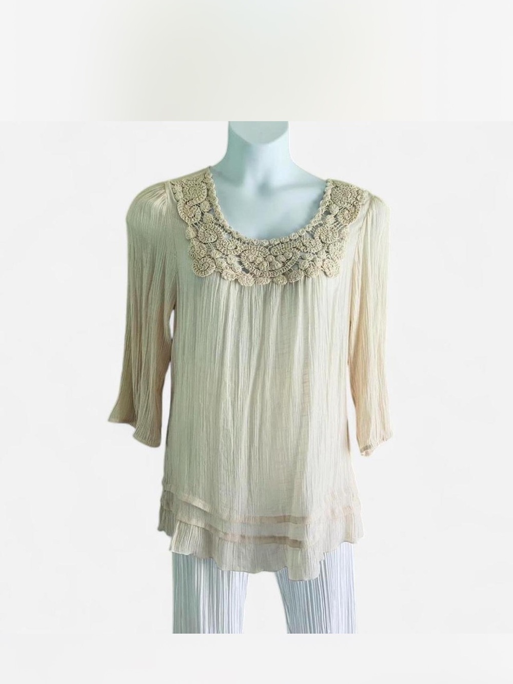 Fairy Boho Crochet-Trim Cream Women's Peasant Top size XL
